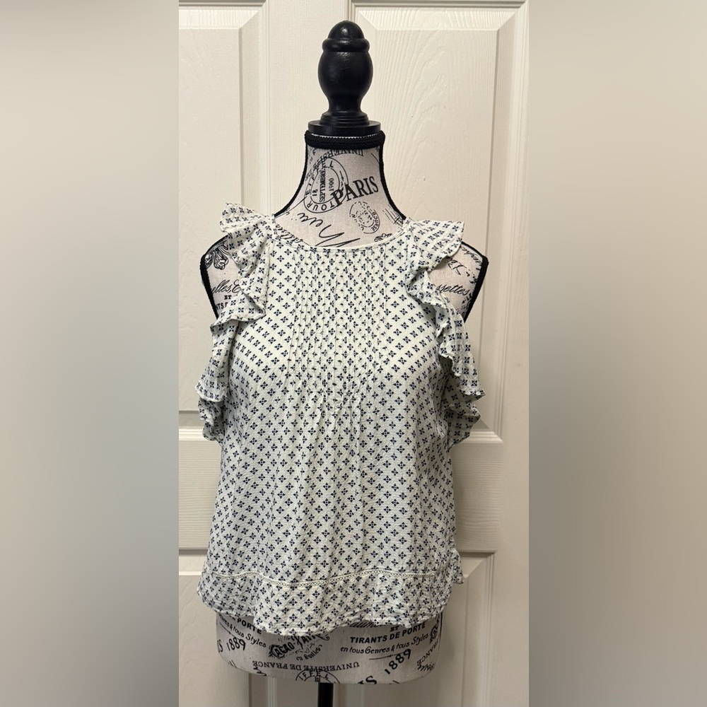 Abercrombie & Fitch Flutter Sleeve Ruffled Blouse in White and Navy Blue